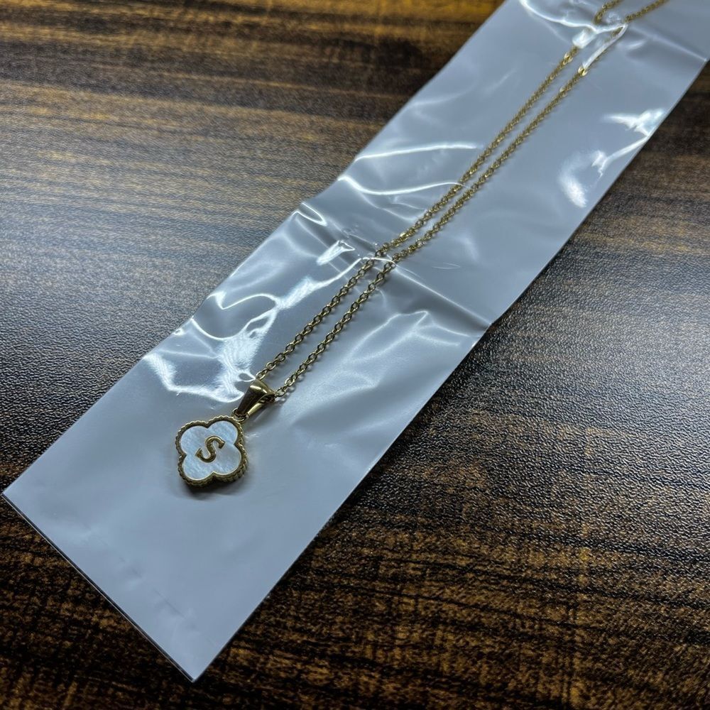 14K Gold Plated Stainless Steel Initial Necklaces “S” Four Leaf Clover Necklace - Picture 6 of 12